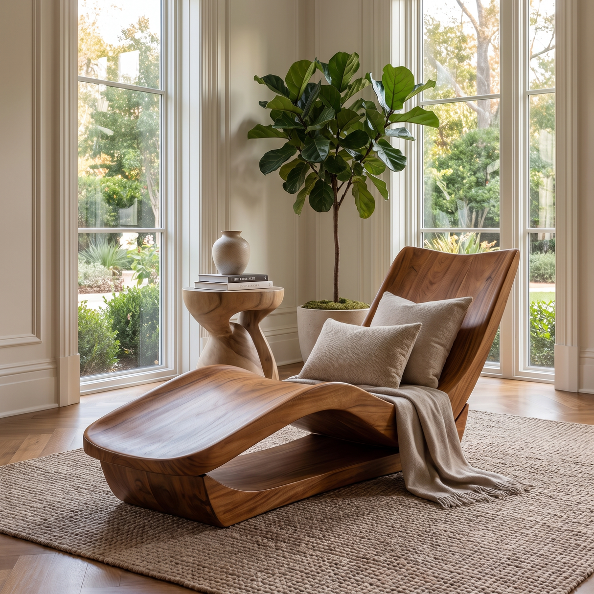 Vaeloris Handcrafted Sculpted Solid Wood Chaise Lounge
