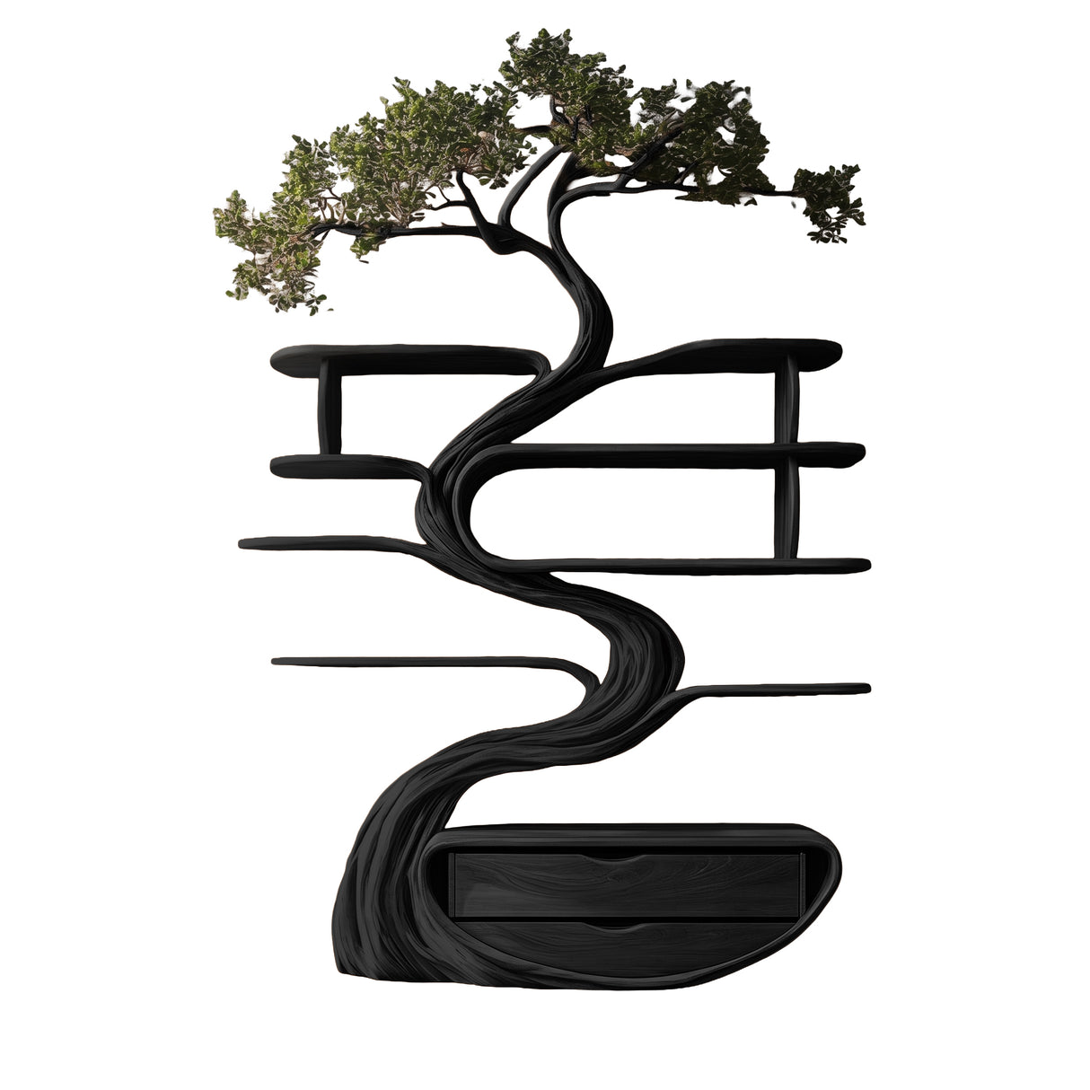 Vaelrith Sculpted Solid Wood Tree Bookshelf with Drawers Black - Timberustic Tree Bookshelf