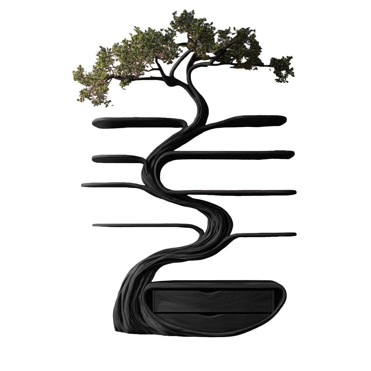 Vaelrith Sculpted Solid Wood Tree Bookshelf with Drawers Black - Timberustic Tree Bookshelf