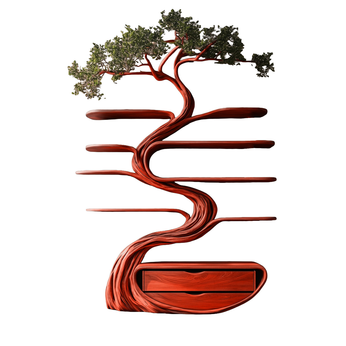Vaelrith Sculpted Solid Wood Tree Bookshelf with Drawers Mahogany - Timberustic Tree Bookshelf