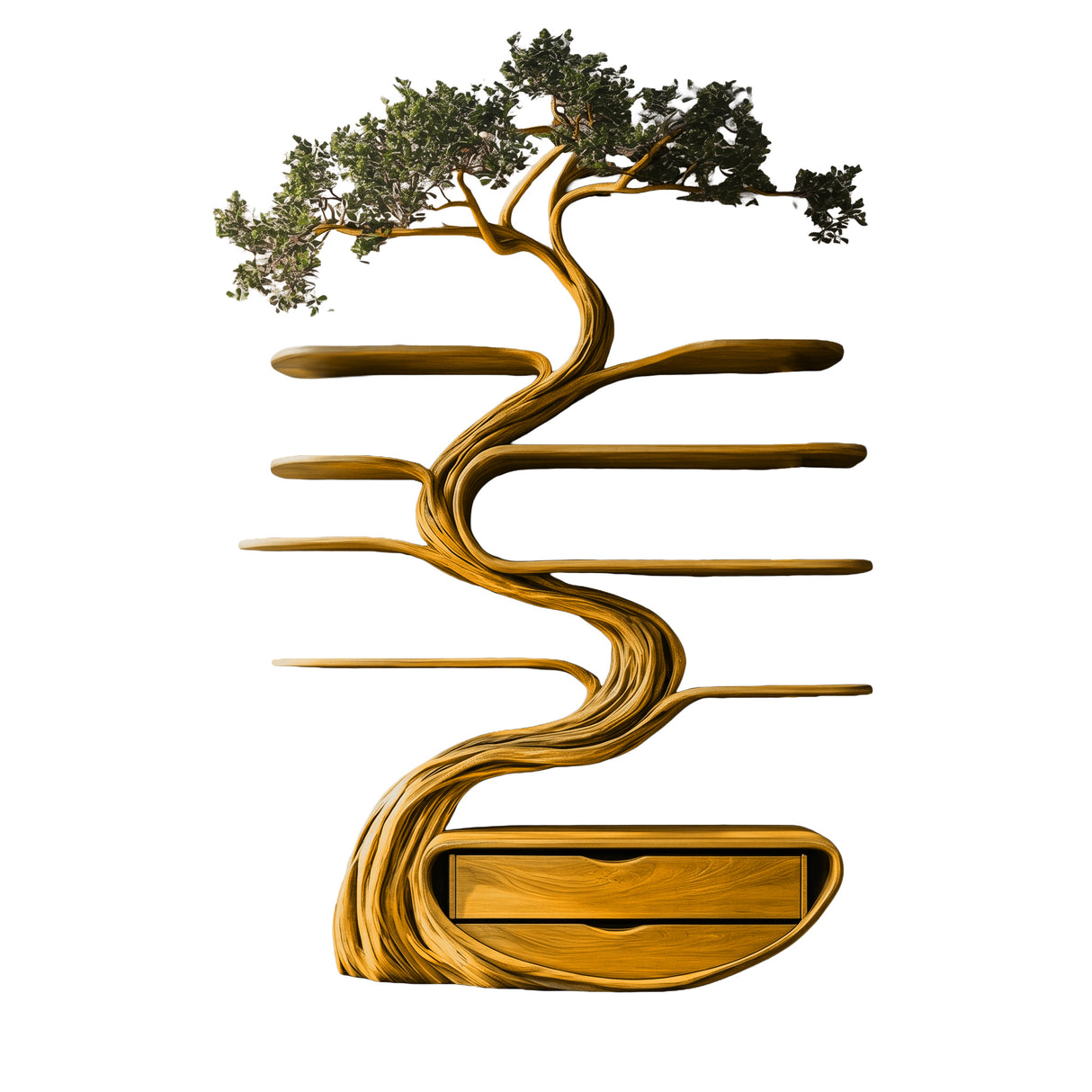 Vaelrith Sculpted Solid Wood Tree Bookshelf with Drawers Teak - Timberustic Tree Bookshelf