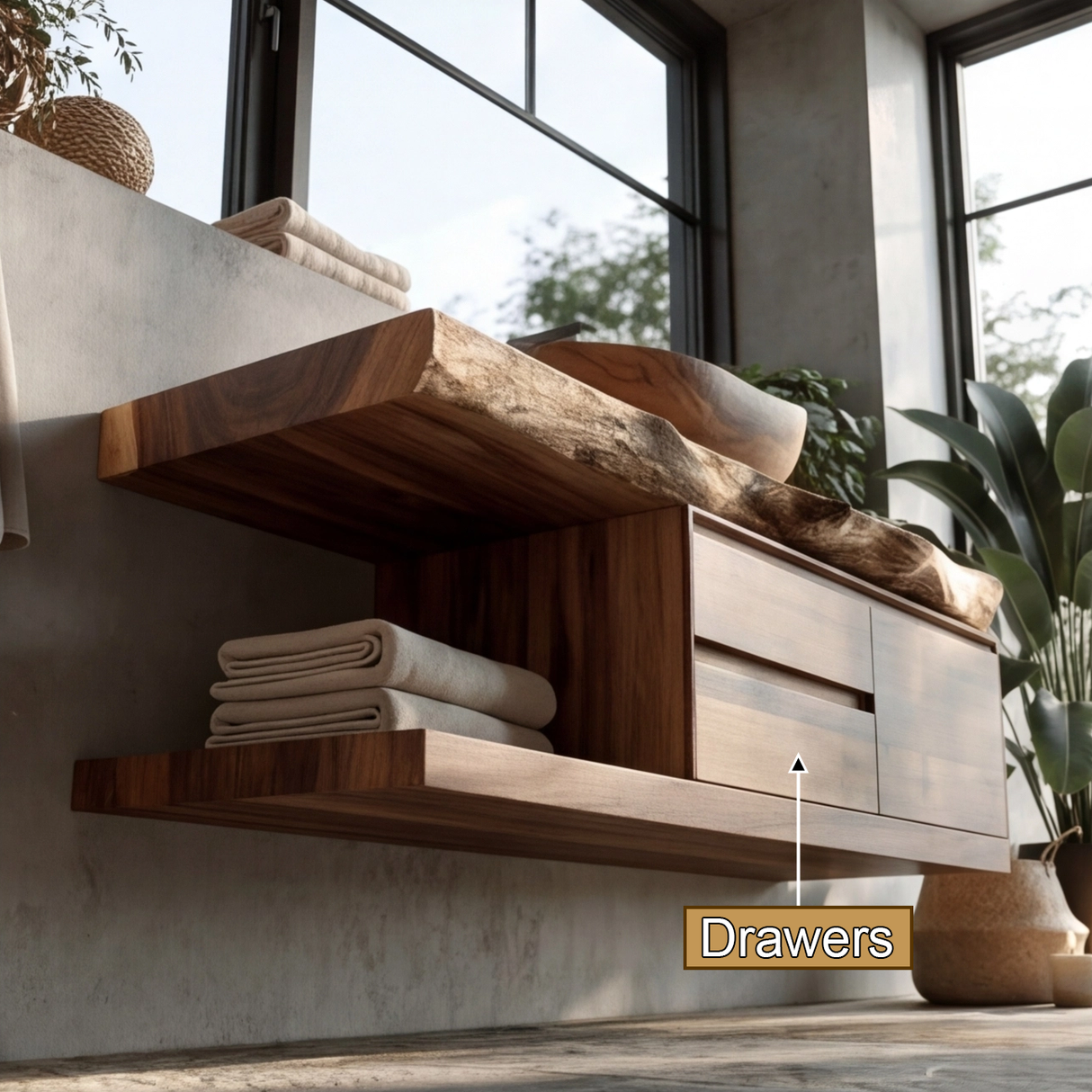 Vaelthorn Live Edge Solid Wood Floating Bathroom Vanity With Drawers - Timberustic Floating Bathroom Vanity With Drawers