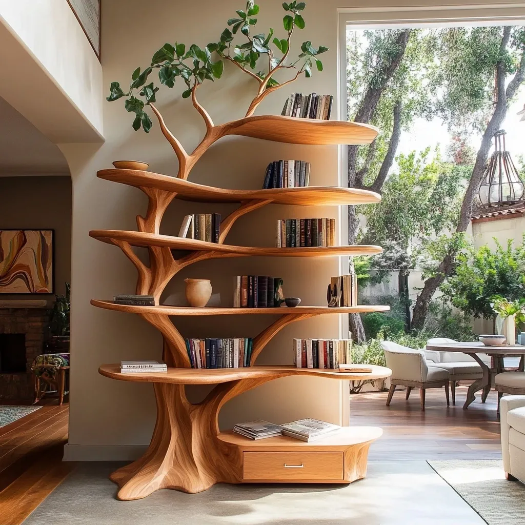 Valebloom Handcrafted Sculpted Solid Wood Tree Bookshelf with Drawer SPA914921
