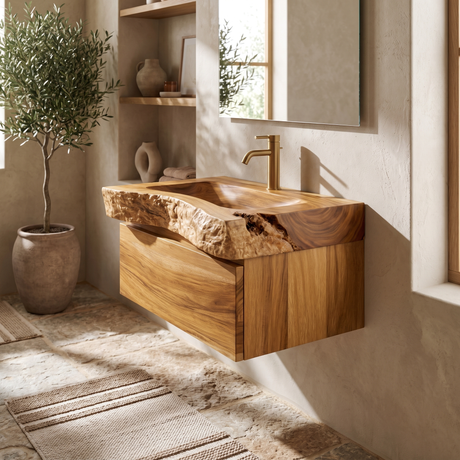 Valencrest Handcrafted Live Edge Solid Wood Floating Bathroom Vanity with Drawer Teak - Timberustic Floating Bathroom Vanity With Drawers