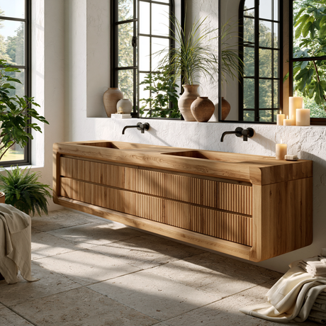 Valmere Sculpted Solid Wood Floating Bathroom Vanity with Integrated Sinks and Drawers - Timberustic Floating Bathroom Vanity with Integrated Sink and Drawers