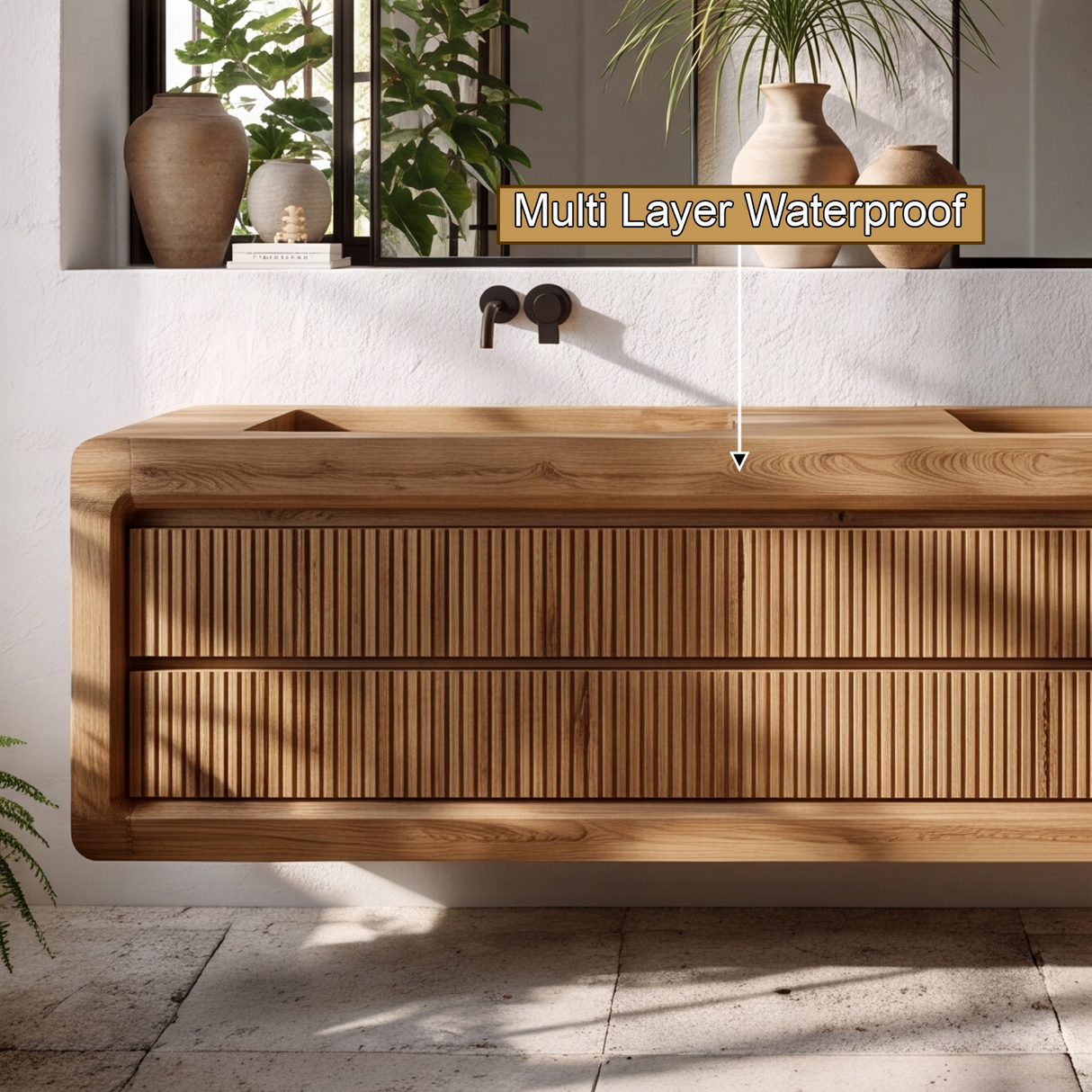 Valmere Sculpted Solid Wood Floating Bathroom Vanity with Integrated Sinks and Drawers