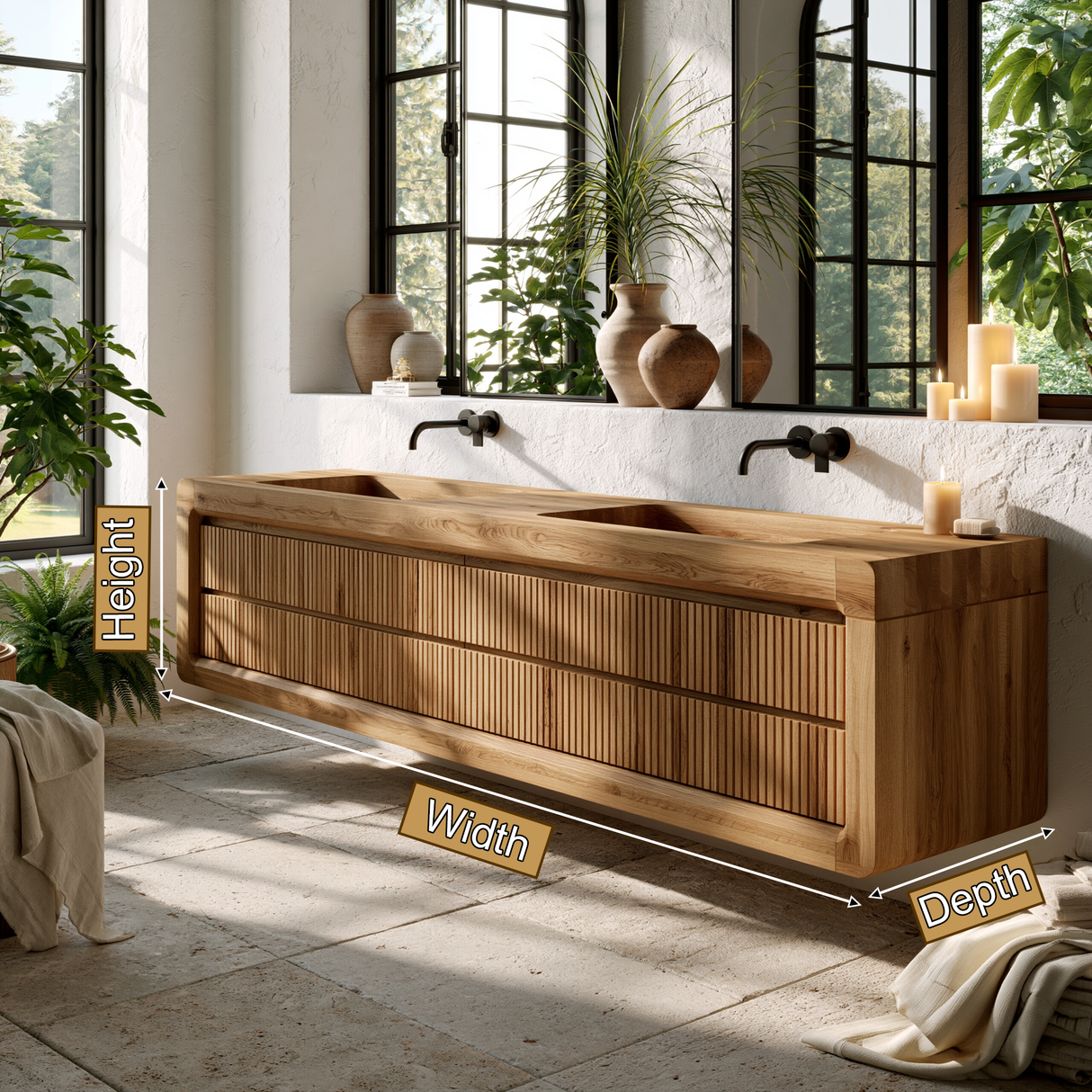 Valmere Sculpted Solid Wood Floating Bathroom Vanity with Integrated Sinks and Drawers
