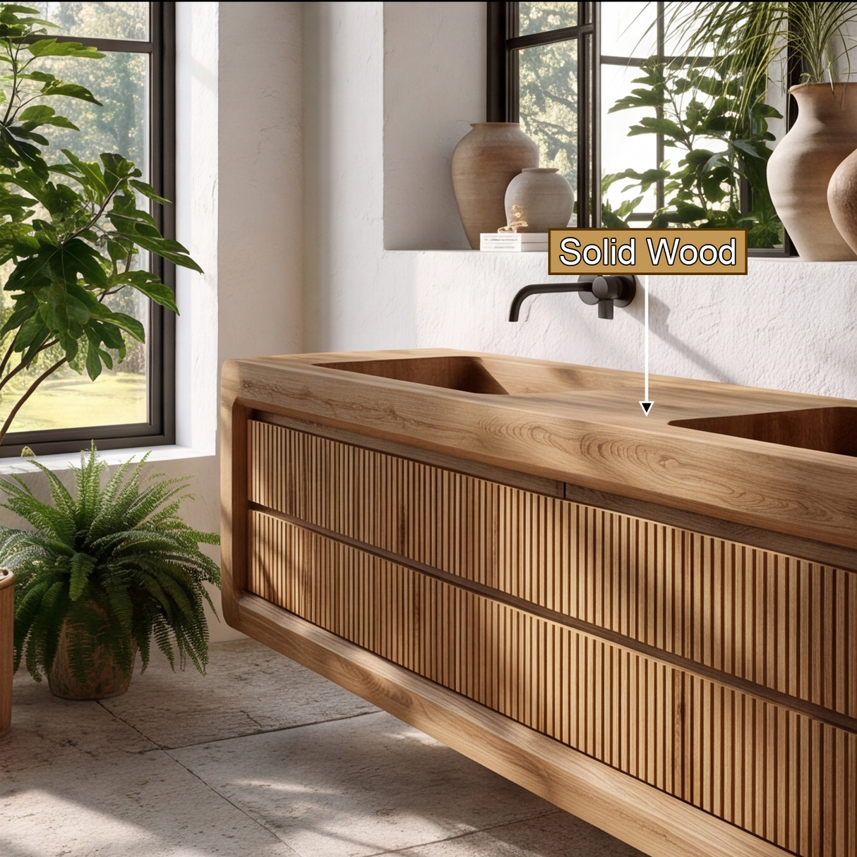 Valmere Sculpted Solid Wood Floating Bathroom Vanity with Integrated Sinks and Drawers