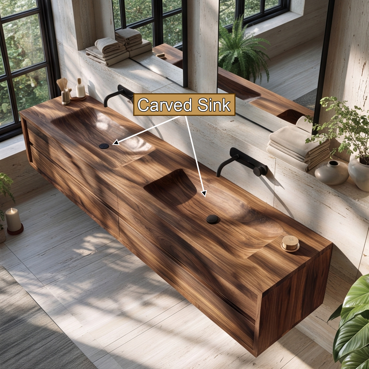 Valthera Handcrafted Solid Wood Floating Bathroom Vanity with Integrated Sinks and Drawers