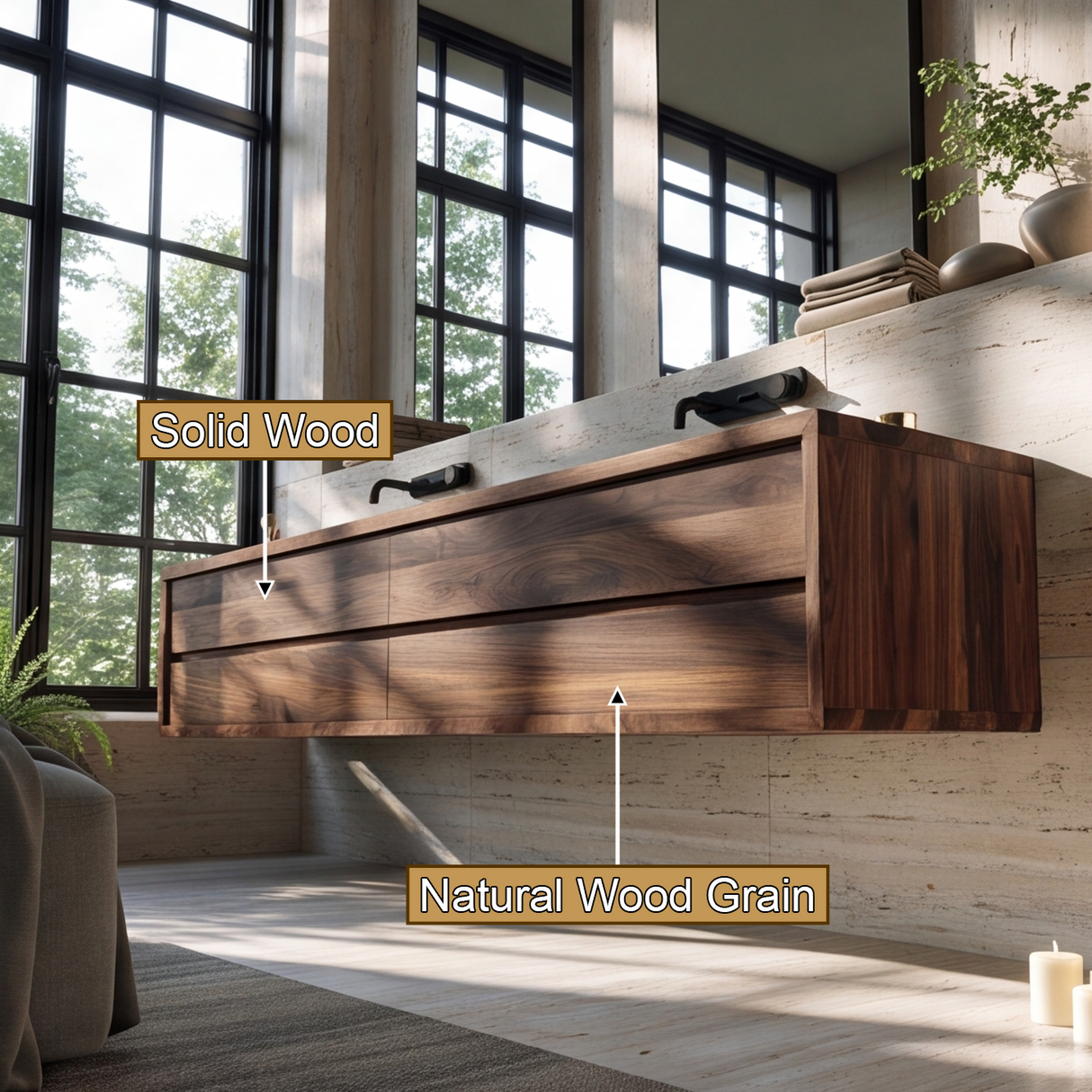 Valthera Handcrafted Solid Wood Floating Bathroom Vanity with Integrated Sinks and Drawers