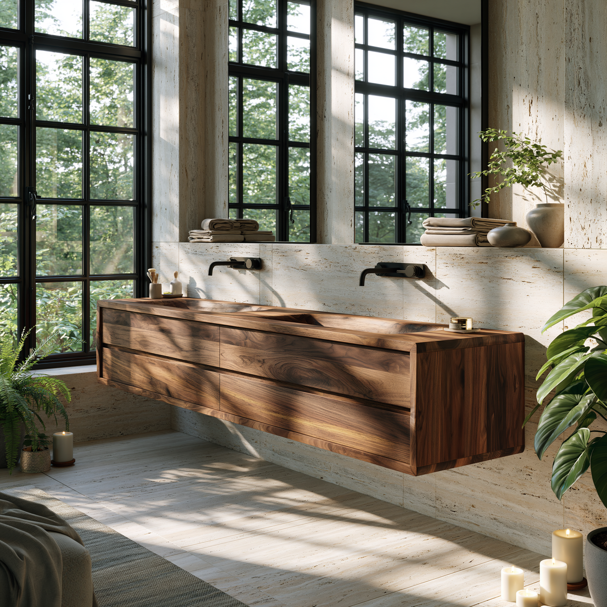 Valthera Handcrafted Solid Wood Floating Bathroom Vanity with Integrated Sinks and Drawers