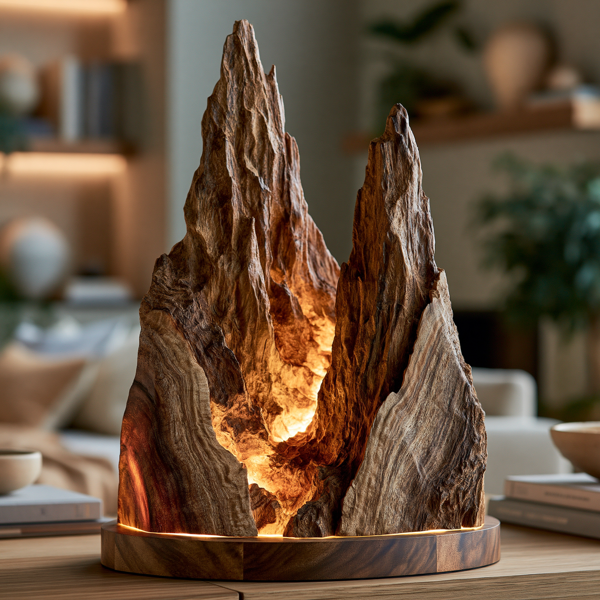 Valthera Sculpted Solid Wood Mountain Table Lamp