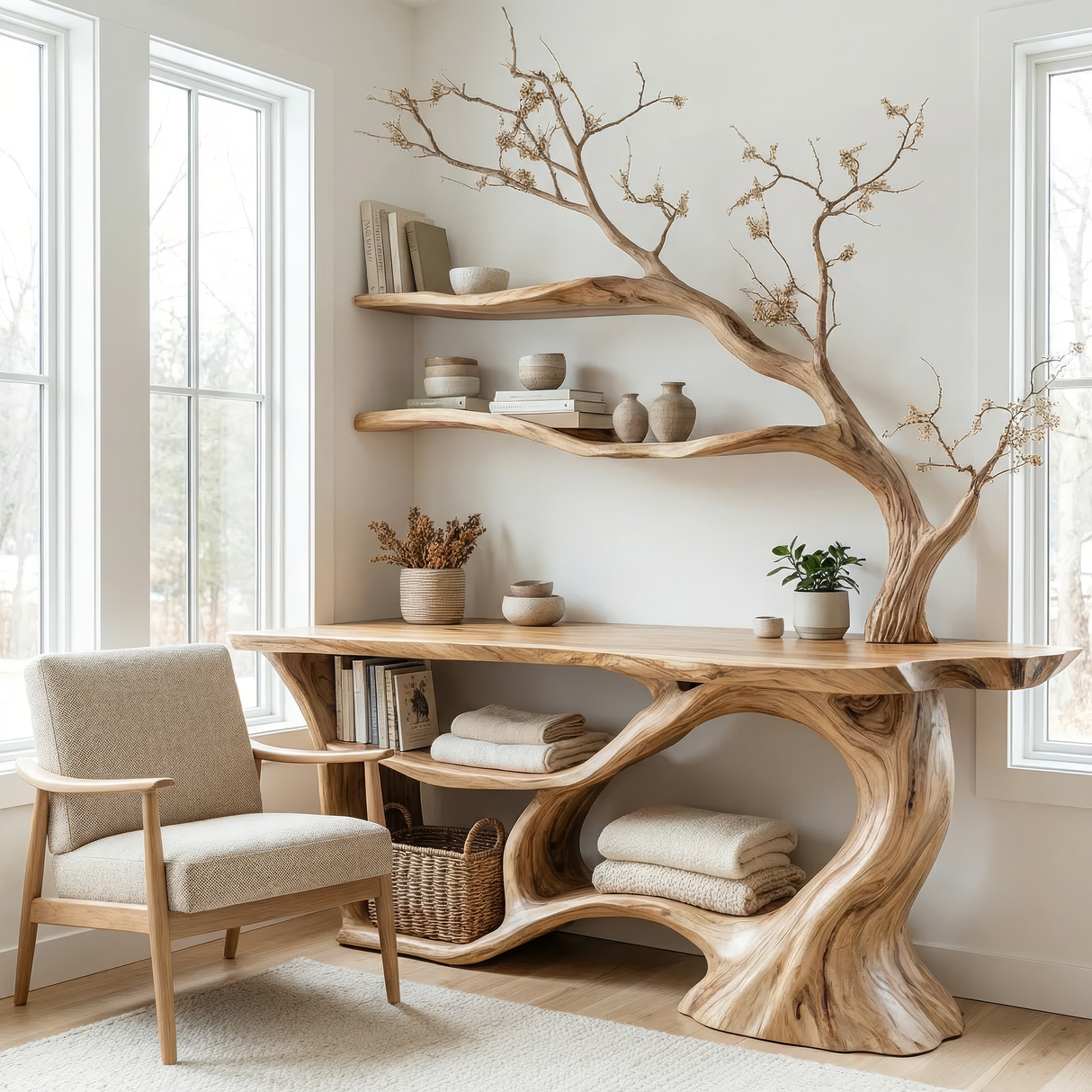 Orinthal Treeform Sculpted Solid Wood Console Table with Shelves - Timberustic Console Table with Shelves
