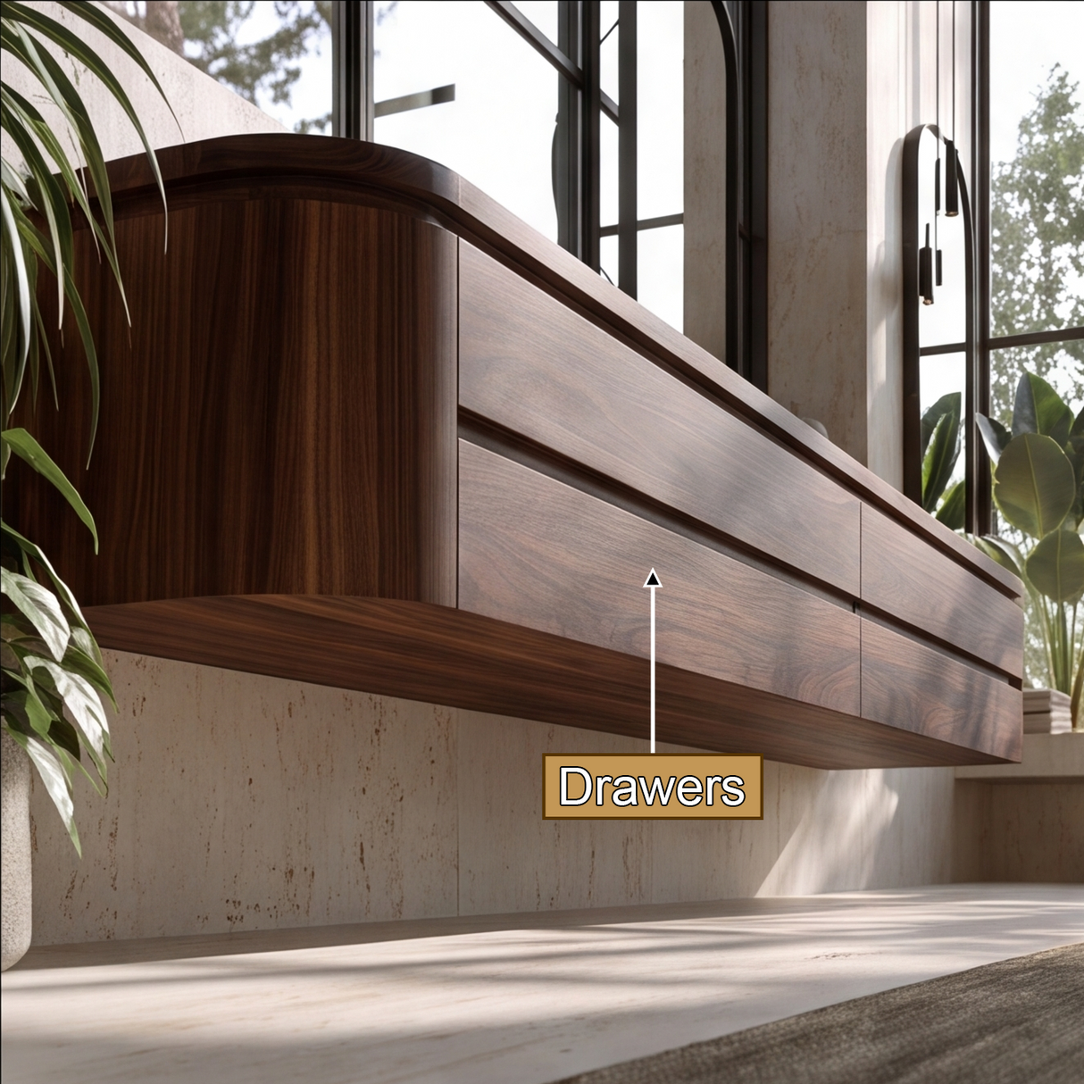 Valtheris Sculpted Solid Wood Floating Bathroom Vanity with Integrated Sinks and Drawers - Timberustic Floating Bathroom Vanity with Integrated Sink and Drawers