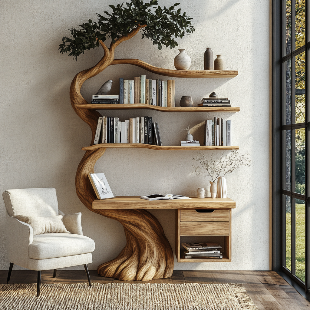 Valtheris Sculpted Solid Wood Tree Bookshelf with Drawers - Timberustic Tree Bookshelf