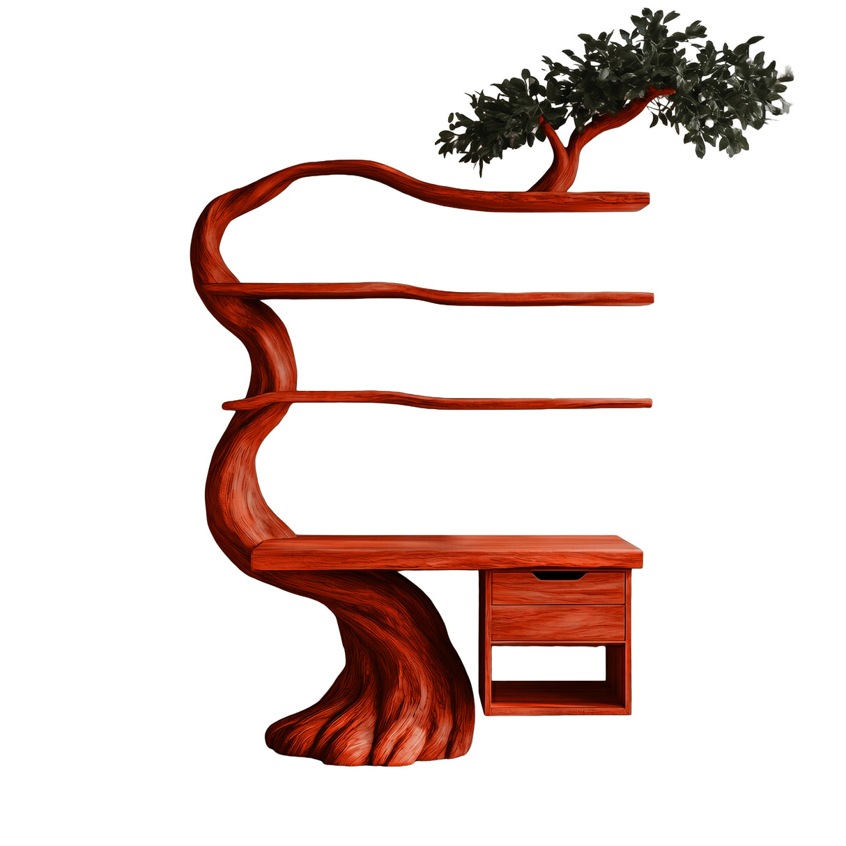 Valtheris Sculpted Solid Wood Tree Bookshelf with Drawers Mahogany - Timberustic Tree Bookshelf