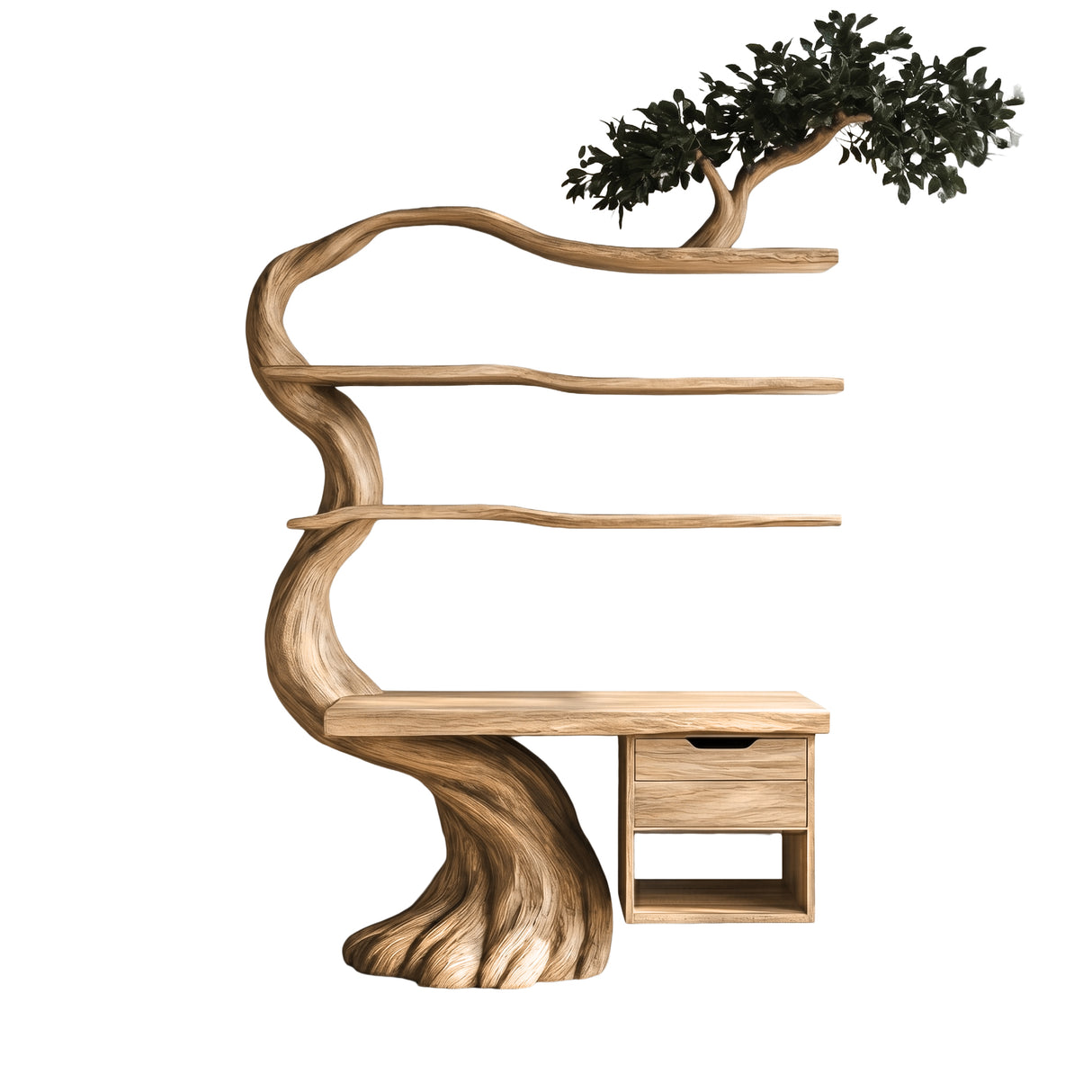 Valtheris Sculpted Solid Wood Tree Bookshelf with Drawers Natural Oak - Timberustic Tree Bookshelf