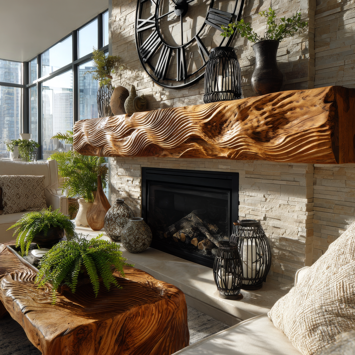 Valtreon Carved Solid Wood Fireplace Mantel Shelf - Timberustic Fireplace Mantel Shelf