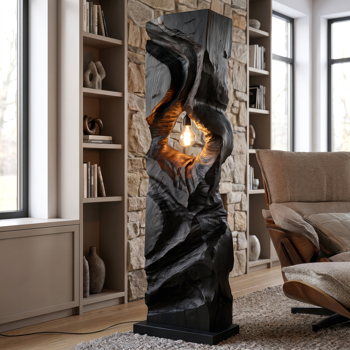 Varellis Sculpted Solid Wood Floor Lamp Black - Timberustic Floor Lamp
