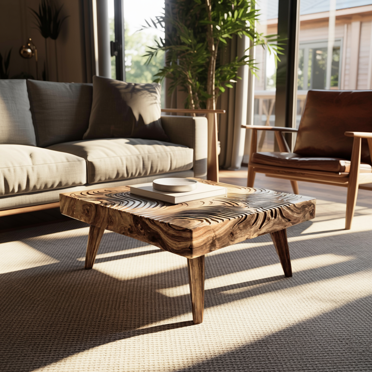 Solid Wood Coffee Table – Organic Modern Ripple Carved Table | Timberustic