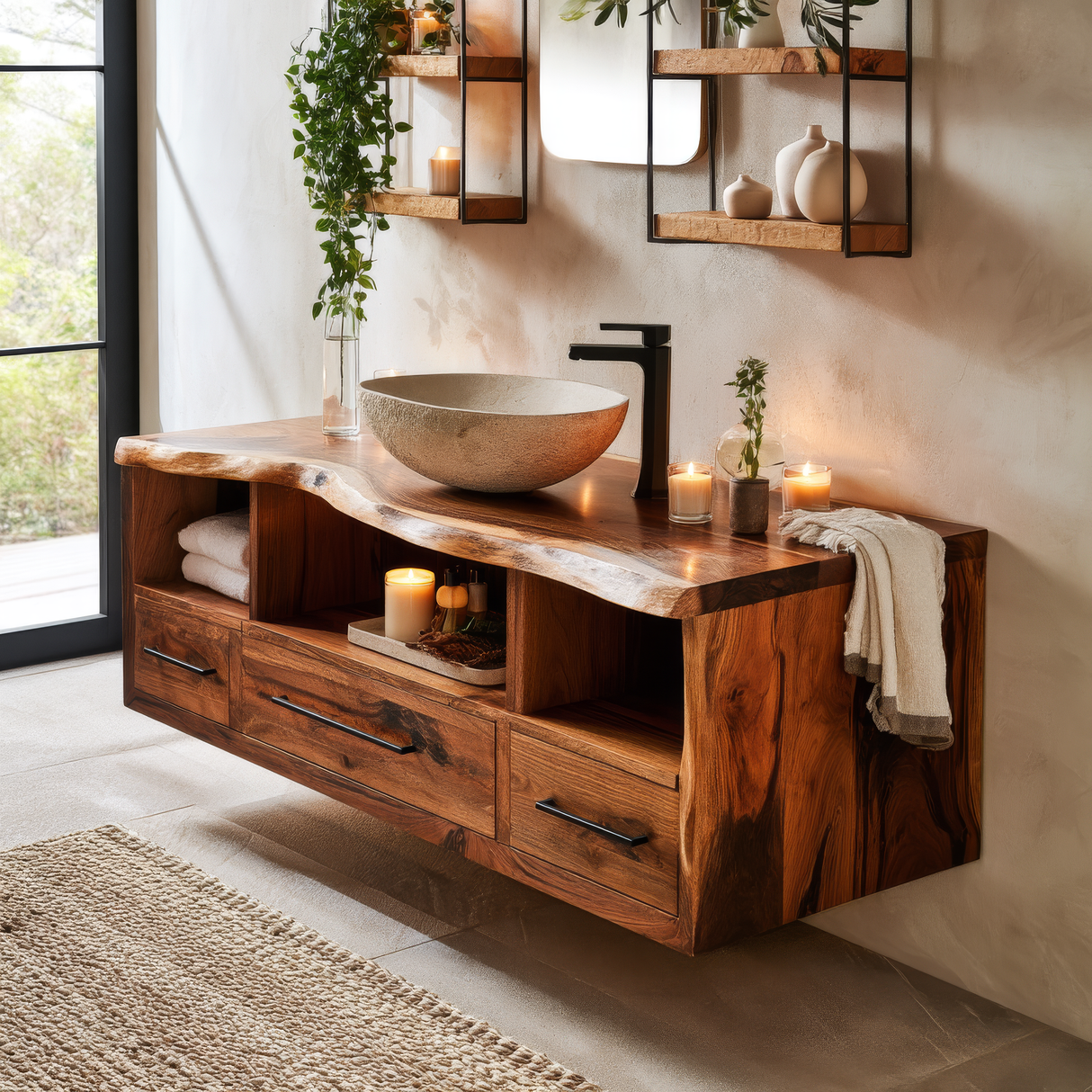 Vareon Live Edge Solid Wood Floating Bathroom Vanity with Drawers - Timberustic Floating Bathroom Vanity With Drawers