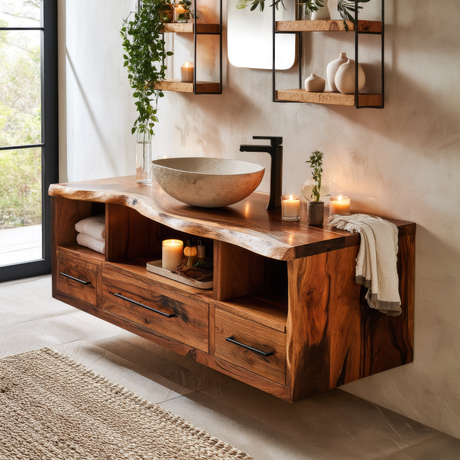 Vareon Live Edge Solid Wood Floating Bathroom Vanity with Drawers - Timberustic Floating Bathroom Vanity With Drawers