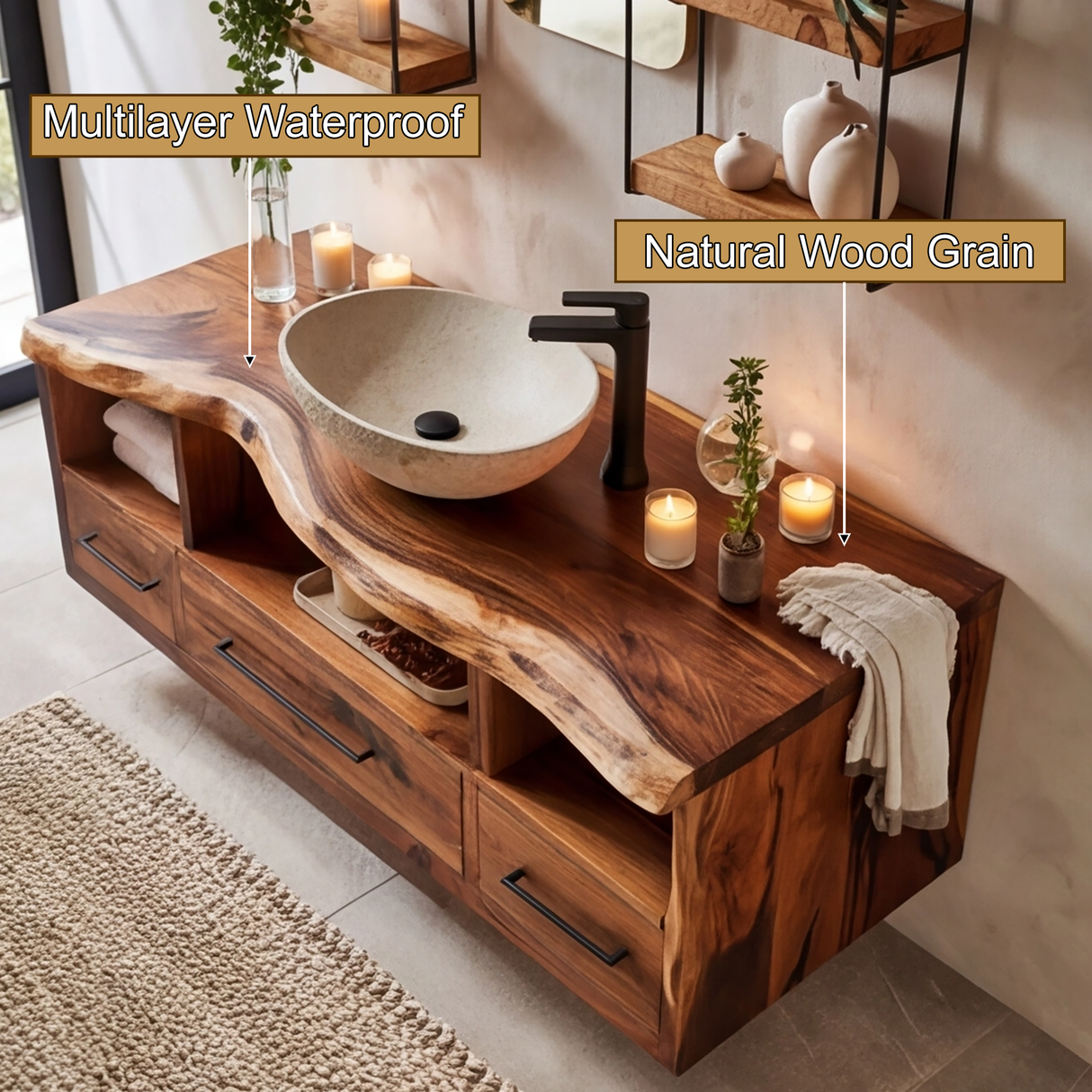 Vareon Live Edge Solid Wood Floating Bathroom Vanity with Drawers - Timberustic Floating Bathroom Vanity With Drawers