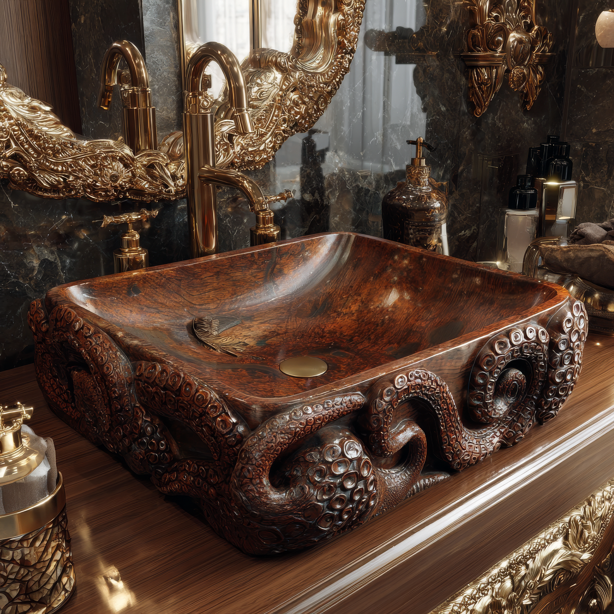 Velkris Octopus Form Handcarved Solid Wood Vessel Sink - Timberustic Vessel Sinks