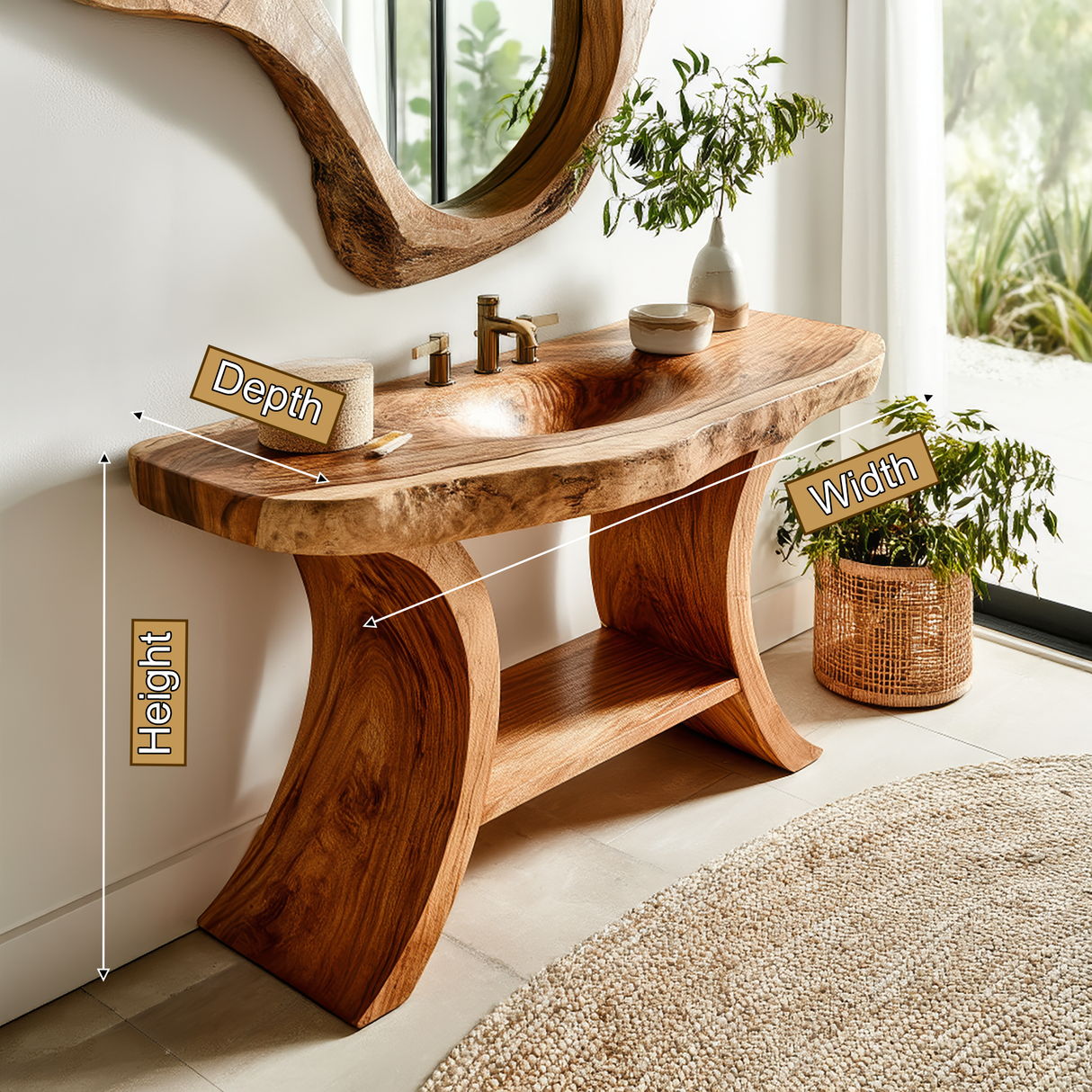 Velmior Sculpted Solid Wood Freestanding Bathroom Vanity with Integrated Sink and Open Storage - Timberustic Freestanding Bathroom Vanity with Integrated Sink and Open Storage