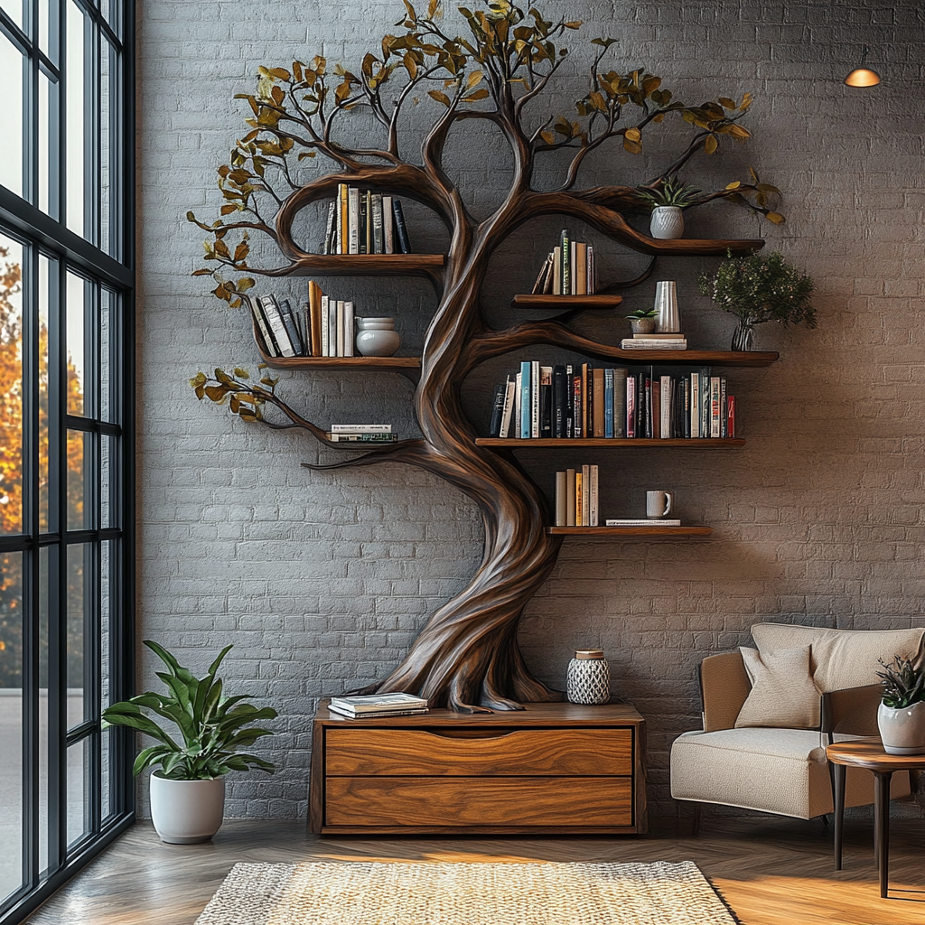 Velmirath Sculpted Solid Wood Tree Bookshelf with Drawers - Timberustic Tree Bookshelf