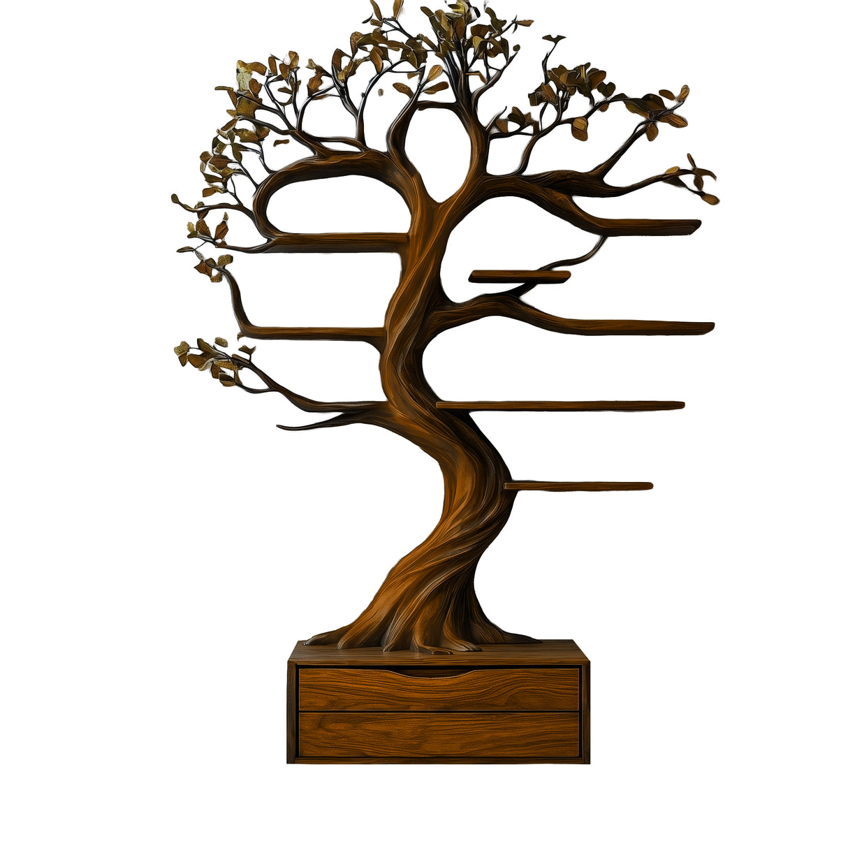 Velmirath Sculpted Solid Wood Tree Bookshelf with Drawers Brown - Timberustic Tree Bookshelf