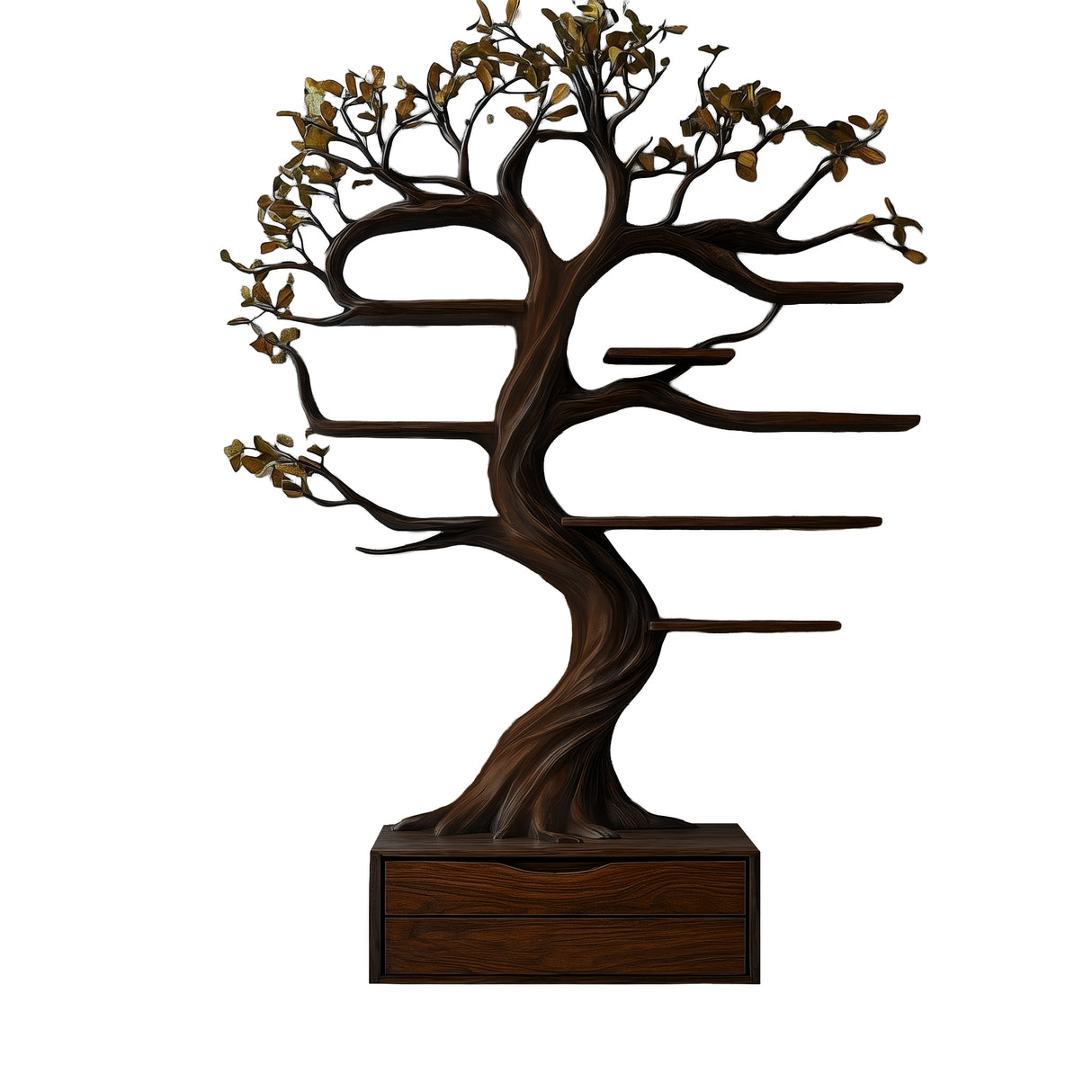 Velmirath Sculpted Solid Wood Tree Bookshelf with Drawers Dark Walnut - Timberustic Tree Bookshelf