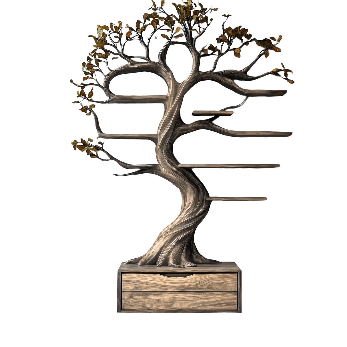 Velmirath Sculpted Solid Wood Tree Bookshelf with Drawers Natural Oak - Timberustic Tree Bookshelf
