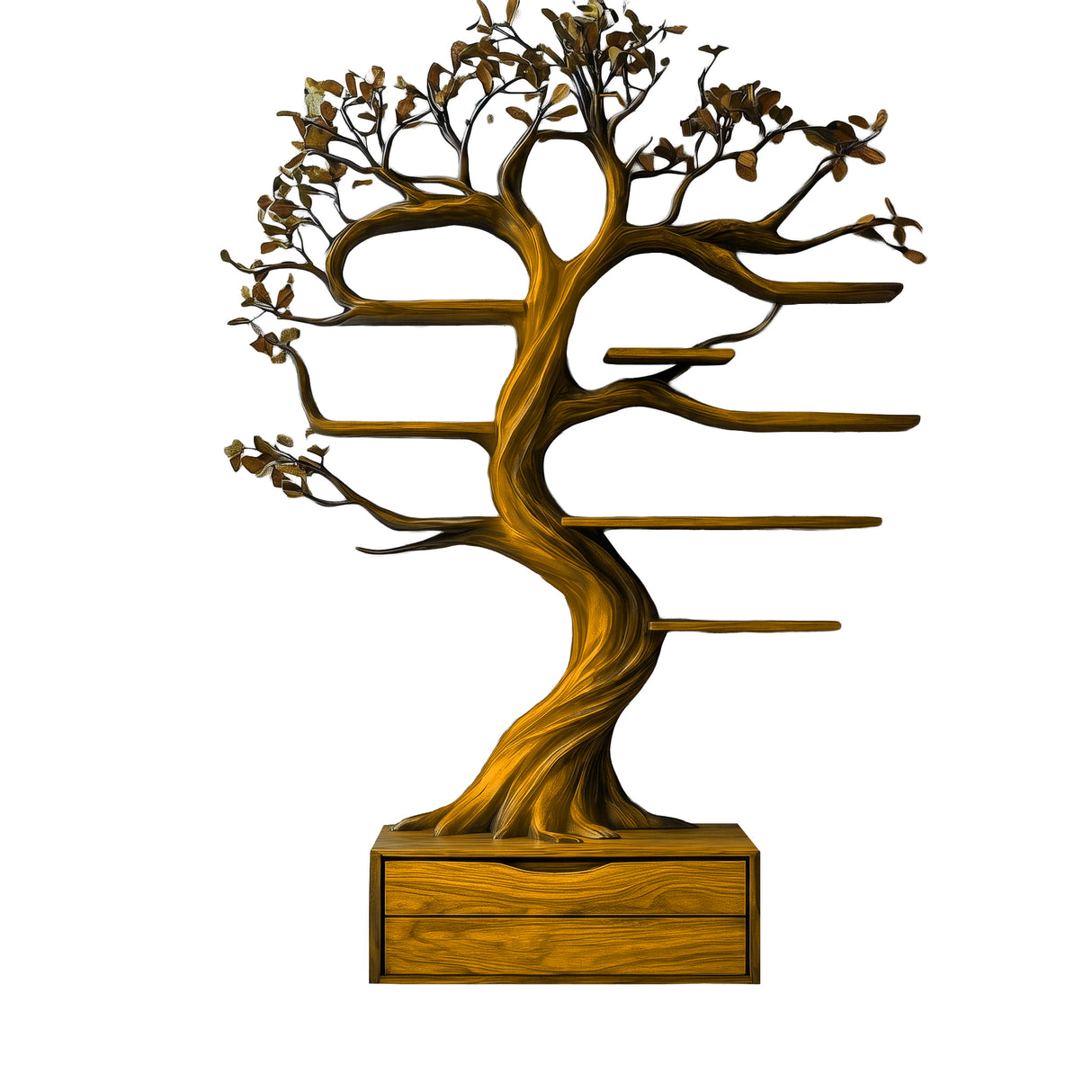 Velmirath Sculpted Solid Wood Tree Bookshelf with Drawers Teak - Timberustic Tree Bookshelf