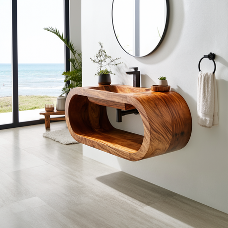 Velmora Handcrafted Sculpted Solid Wood Floating Bathroom Vanity with Open Storage - Timberustic Floating Bathroom Vanity with Open Storage