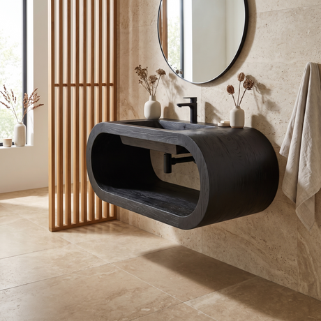 Velmora Handcrafted Sculpted Solid Wood Floating Bathroom Vanity with Open Storage Black - Timberustic Floating Bathroom Vanity with Open Storage