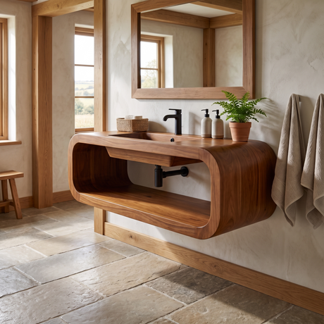 Velmora Handcrafted Sculpted Solid Wood Floating Bathroom Vanity with Open Storage Brown - Timberustic Floating Bathroom Vanity with Open Storage