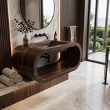 Velmora Handcrafted Sculpted Solid Wood Floating Bathroom Vanity with Open Storage