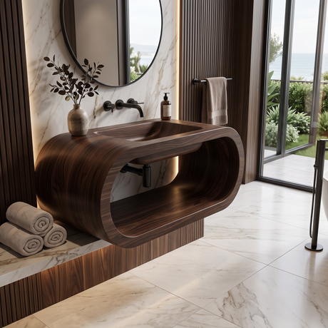 Velmora Handcrafted Sculpted Solid Wood Floating Bathroom Vanity with Open Storage Dark Walnut - Timberustic Floating Bathroom Vanity with Open Storage