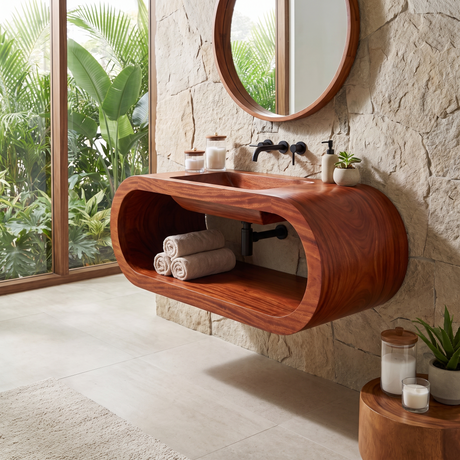 Velmora Handcrafted Sculpted Solid Wood Floating Bathroom Vanity with Open Storage Mahogany - Timberustic Floating Bathroom Vanity with Open Storage