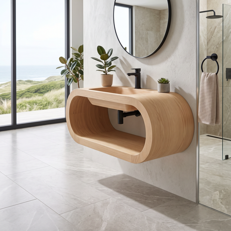 Velmora Handcrafted Sculpted Solid Wood Floating Bathroom Vanity with Open Storage Natural Oak - Timberustic Floating Bathroom Vanity with Open Storage