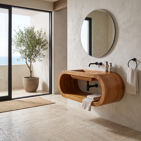 Velmora Handcrafted Sculpted Solid Wood Floating Bathroom Vanity with Open Storage Teak - Timberustic Floating Bathroom Vanity with Open Storage