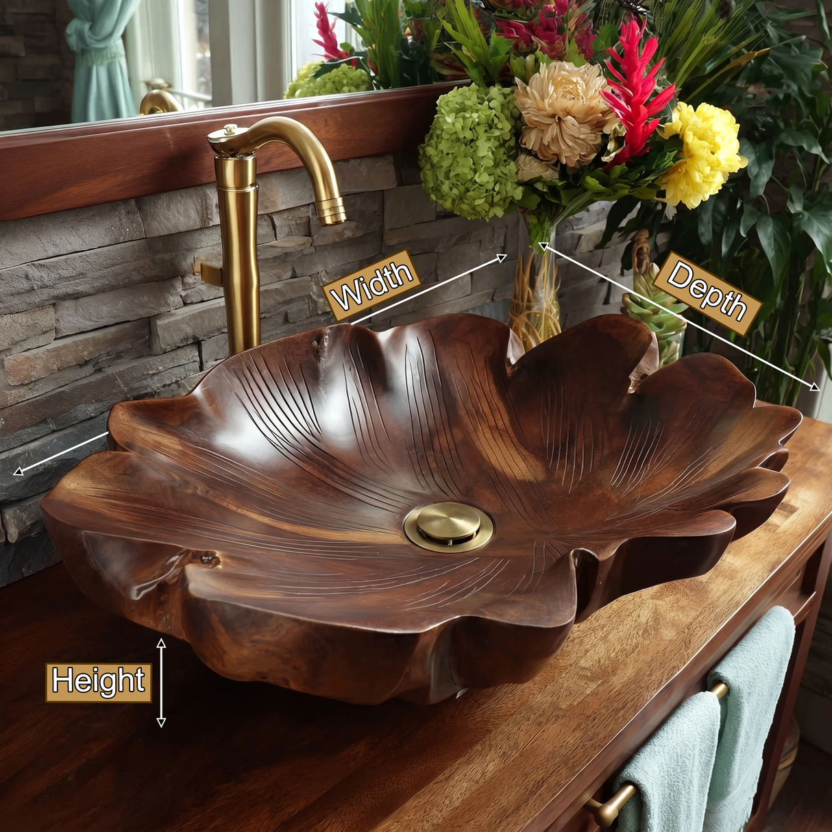 Velmora Handcrafted Solid Wood Flower Vessel Sink