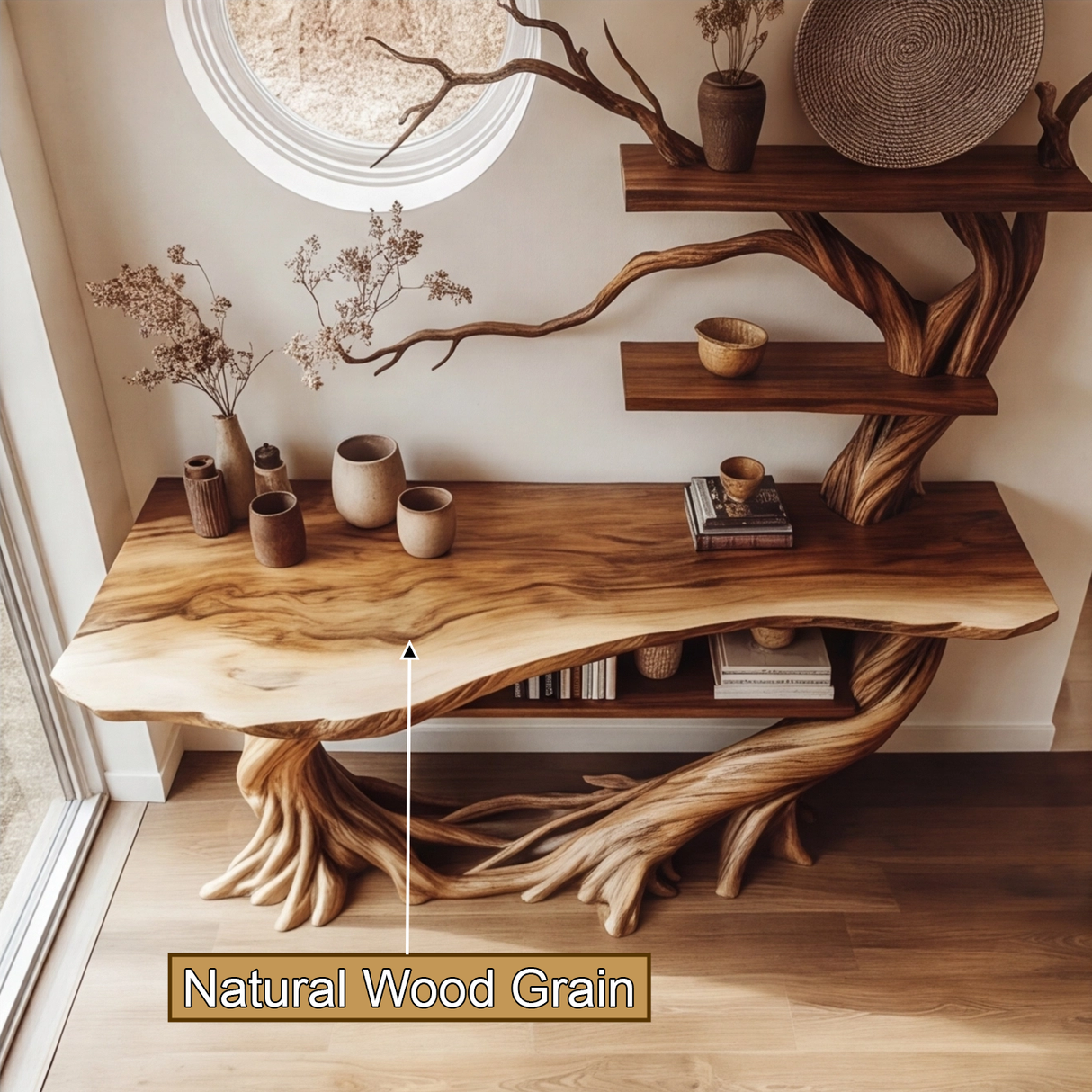 Velmora Sculpted Solid Wood Console Table with Shelves - Timberustic Console Table with Shelves