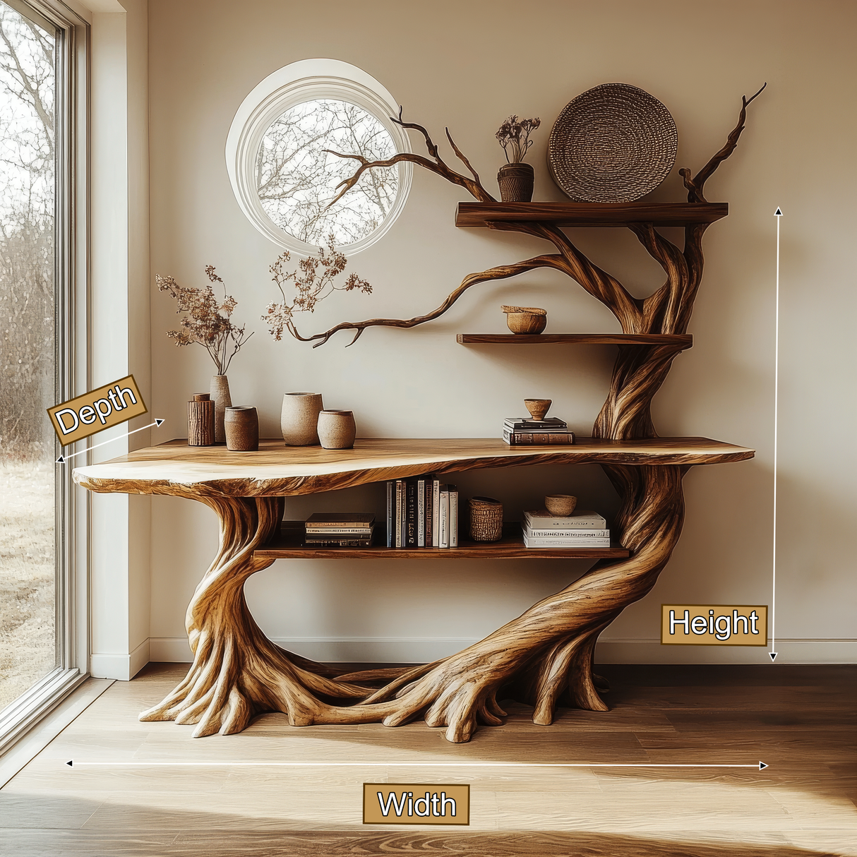 Velmora Sculpted Solid Wood Console Table with Shelves - Timberustic Console Table with Shelves