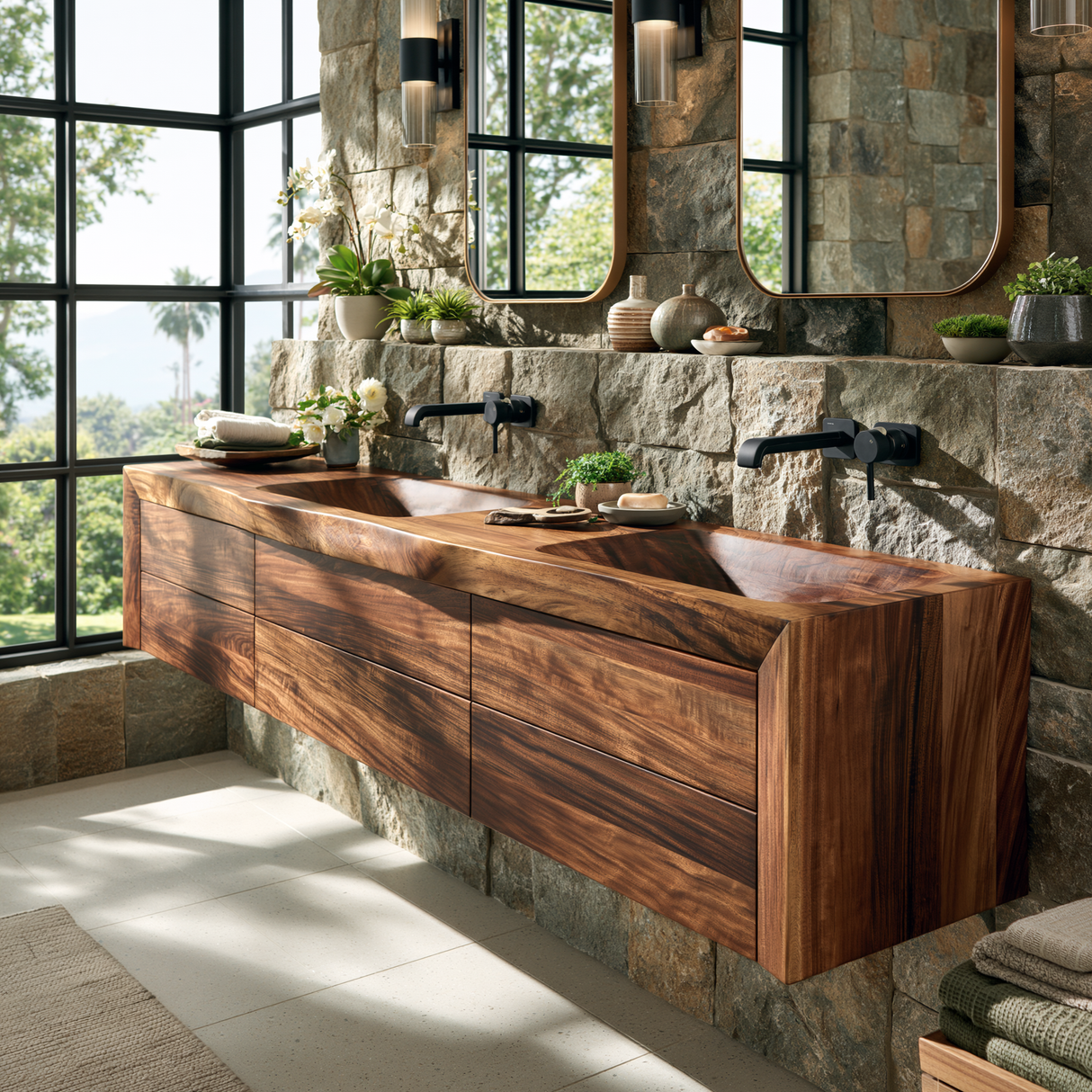 Velmorian Sculpted Solid Wood Floating Bathroom Vanity with Integrated Sinks and Drawers