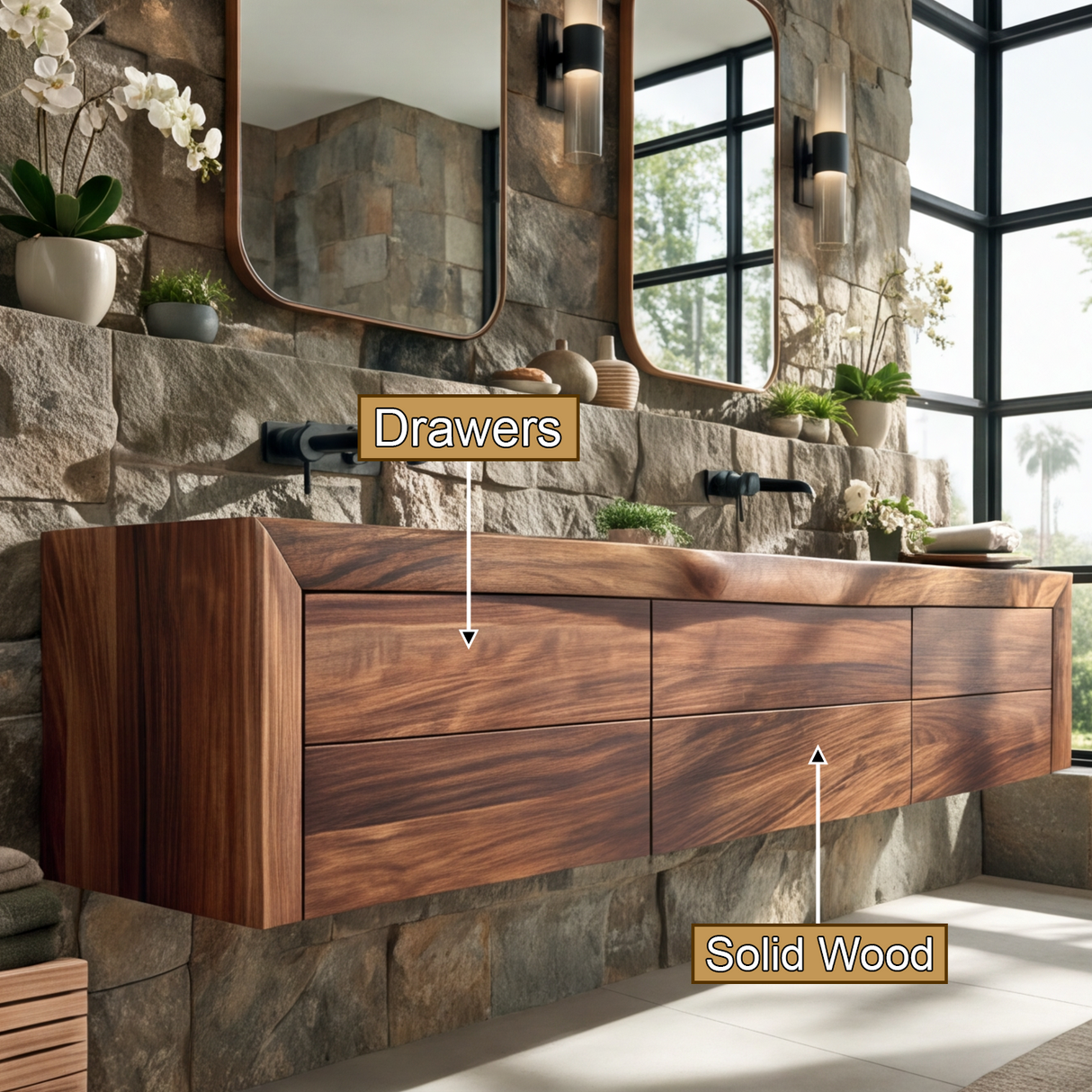 Velmorian Sculpted Solid Wood Floating Bathroom Vanity with Integrated Sinks and Drawers