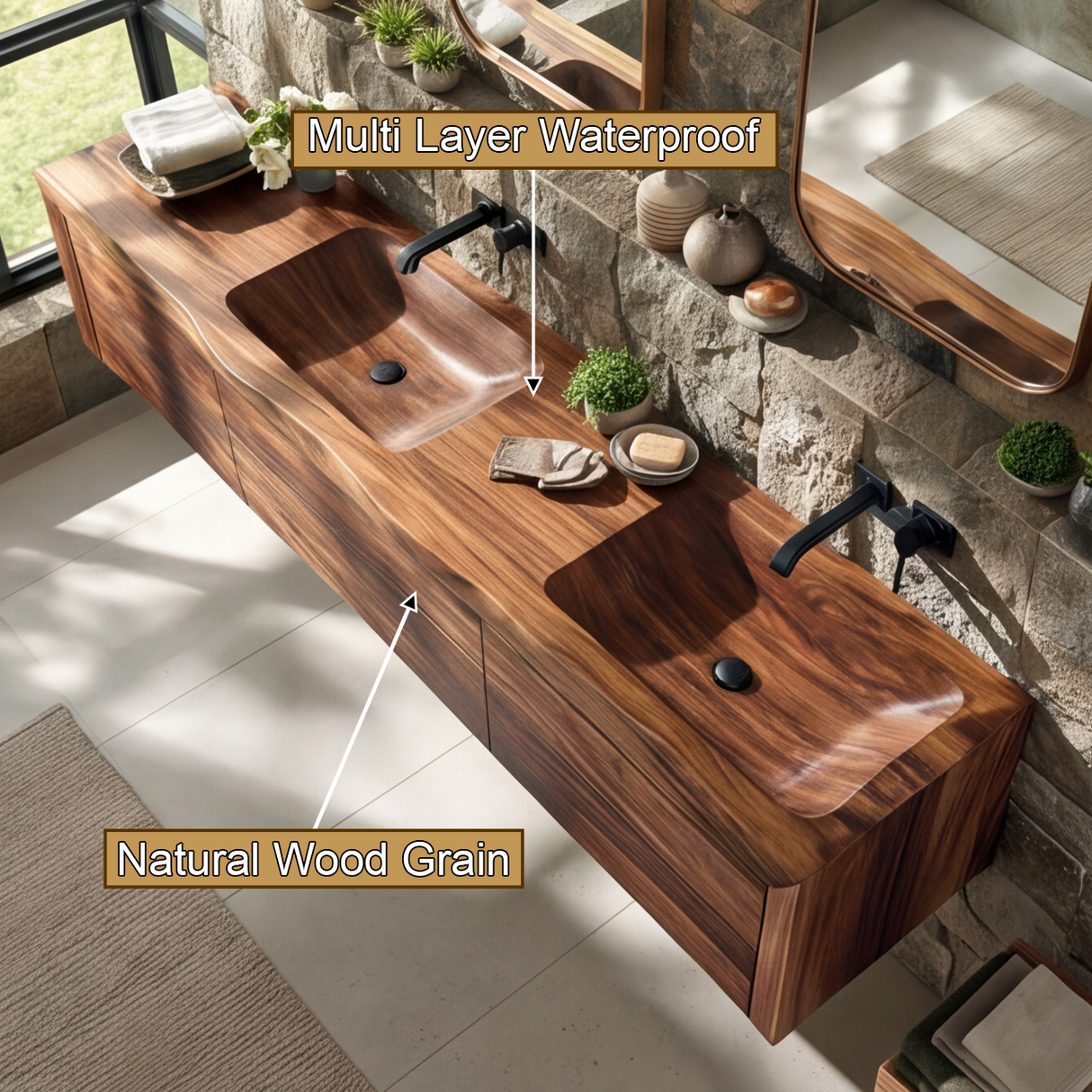 Velmorian Sculpted Solid Wood Floating Bathroom Vanity with Integrated Sinks and Drawers