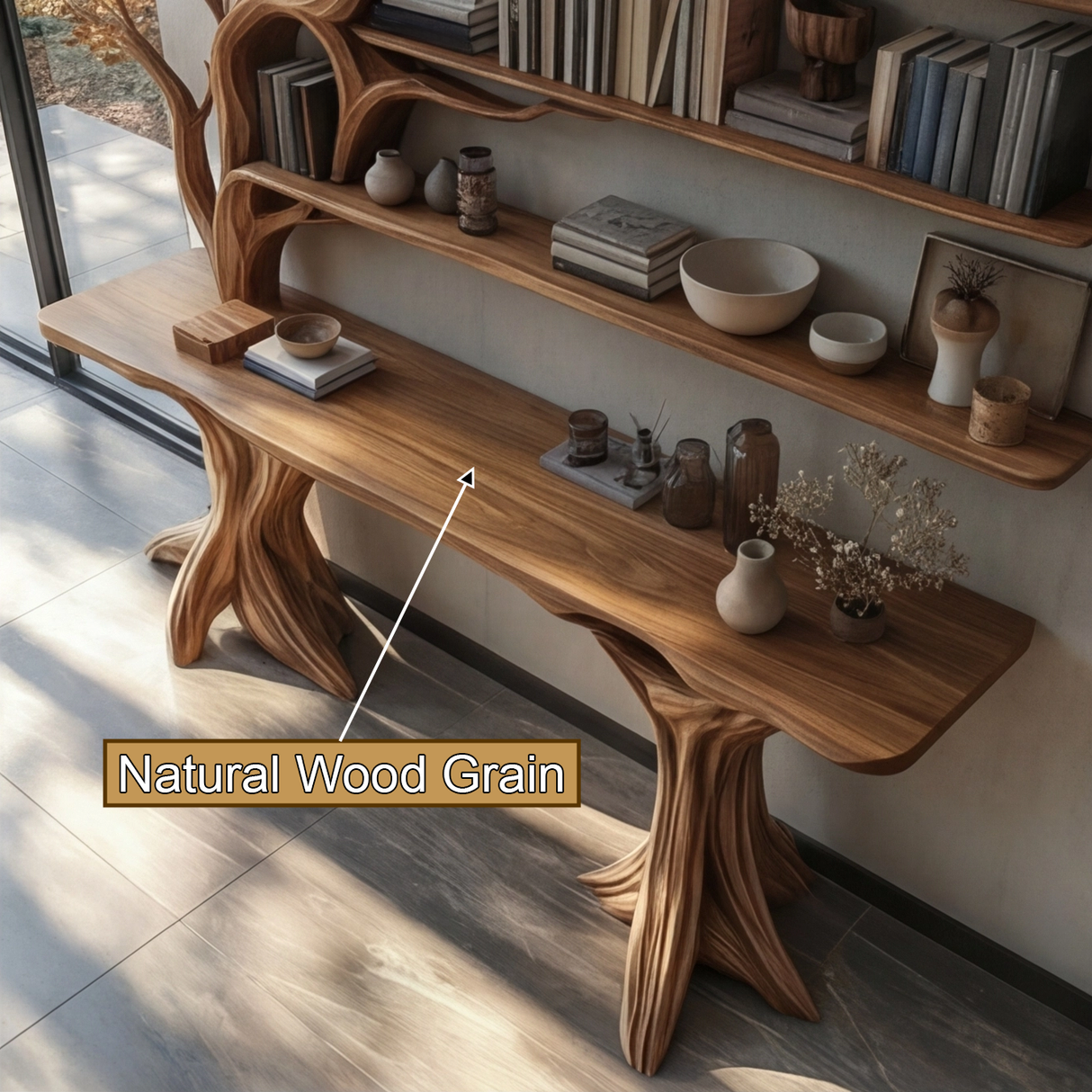 Veltrion Sculpted Solid Wood Console Table with Shelves - Timberustic Console Table with Shelves