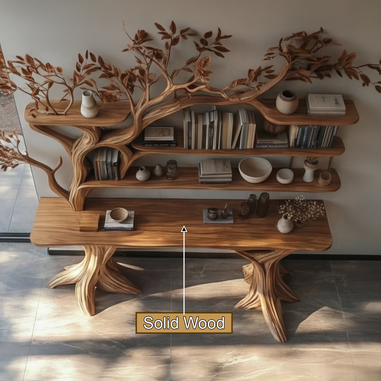 Veltrion Sculpted Solid Wood Console Table with Shelves - Timberustic Console Table with Shelves